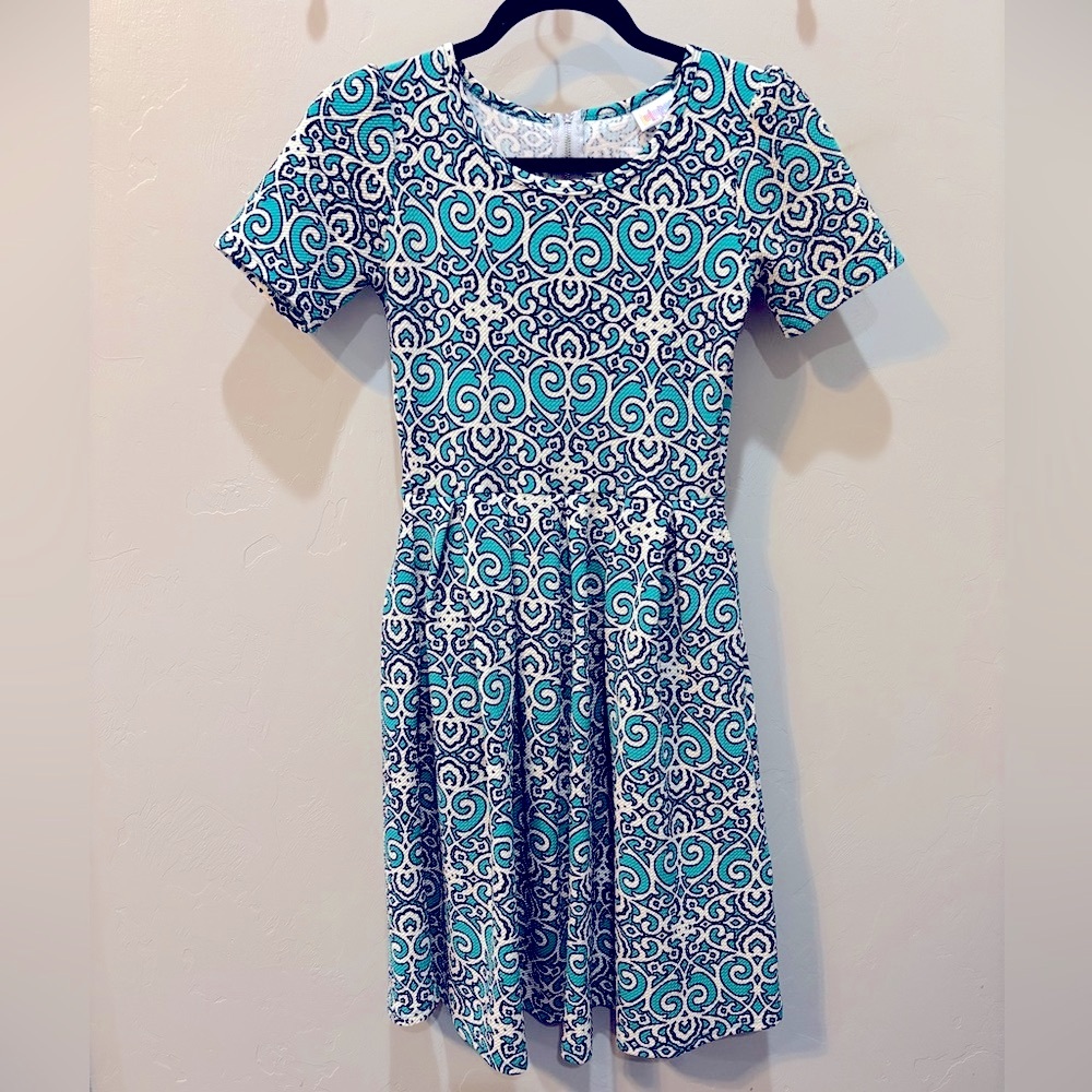 LuLaRoe | Amelia Dress with Pockets | Turquoise, Black, & White | EUC | XXS